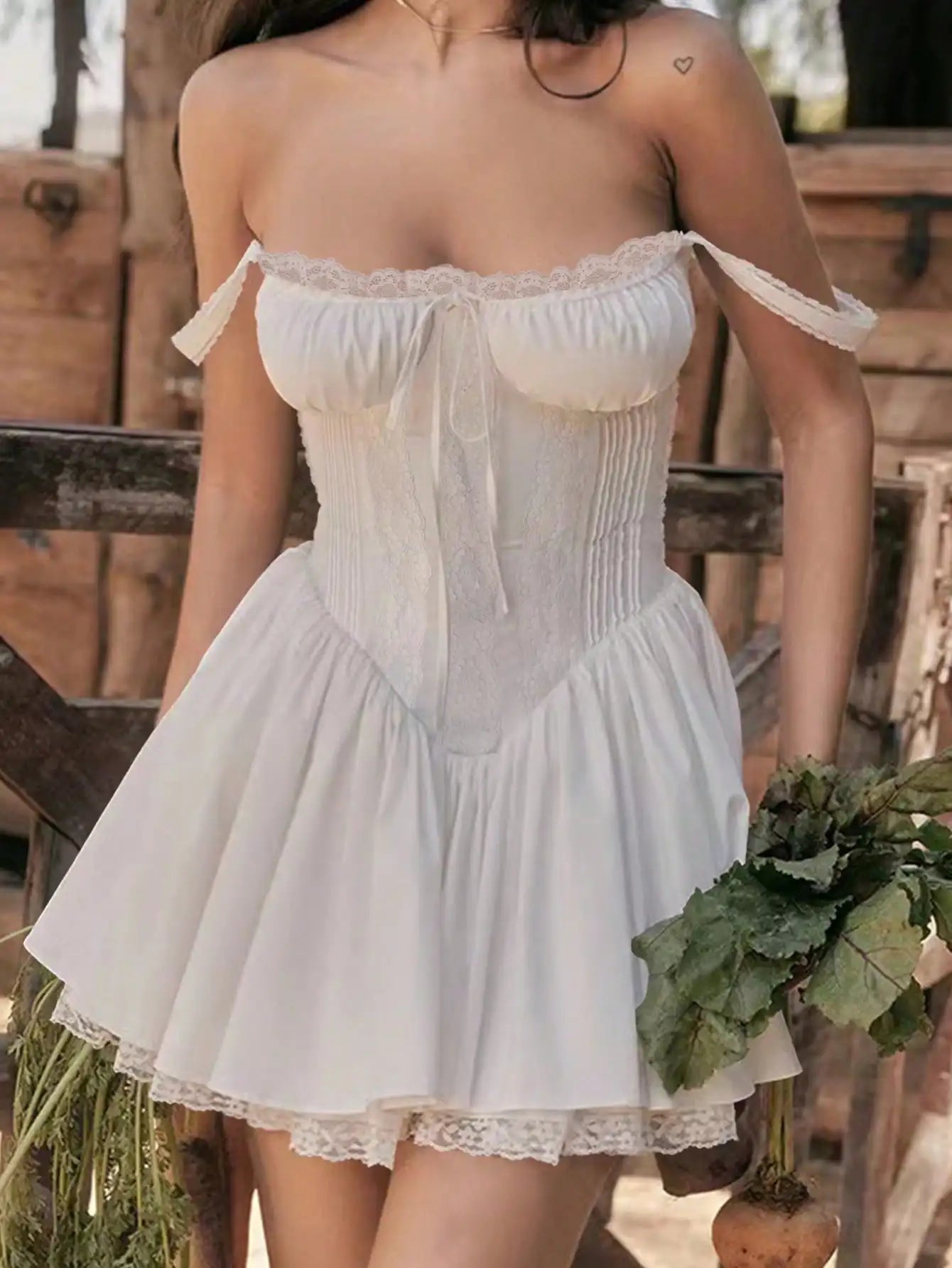 Sweetheart Neck Sleeveless Tie Front Lace Trim Mini Dress