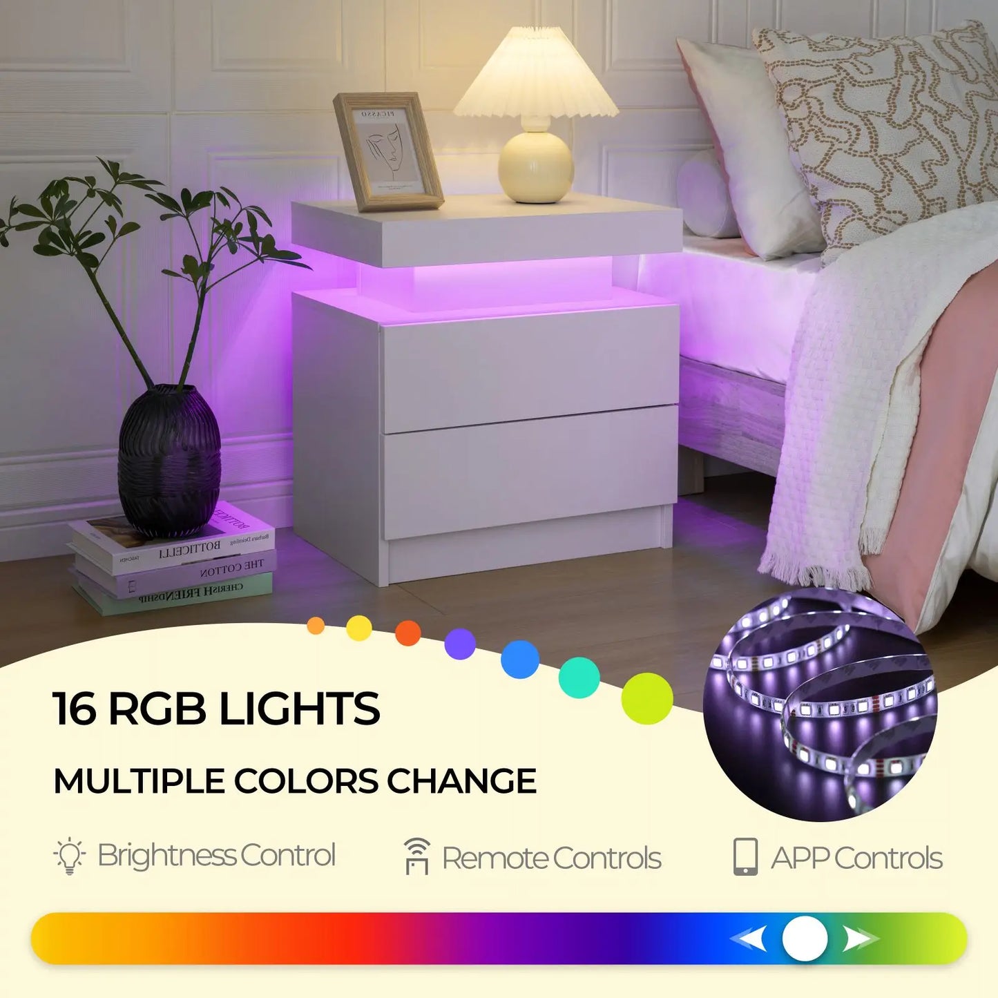 Cubehom LED Nightstands With 2 Drawers RGB Lighting
