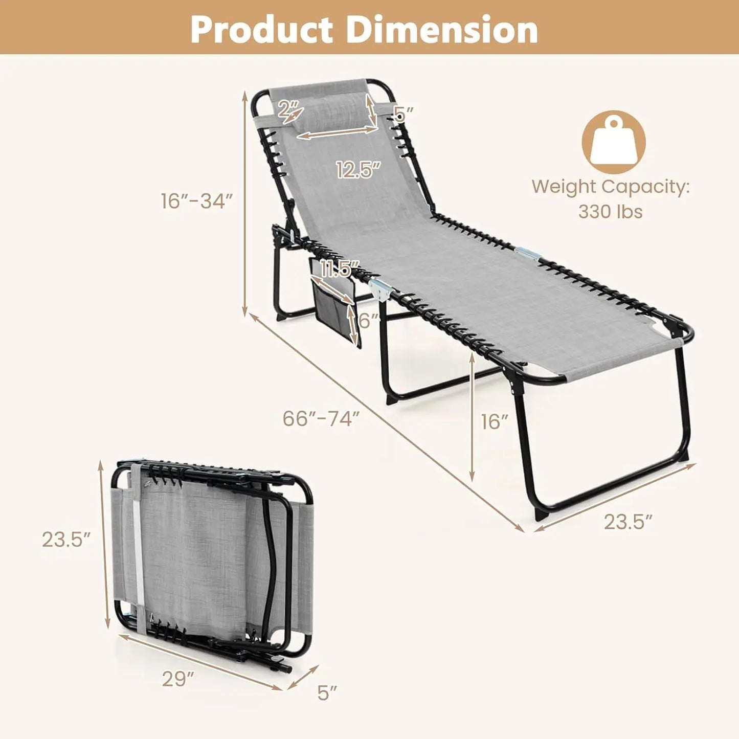 XMSJ Patio Lounge Chair Folding Tanning Chair With Headrest