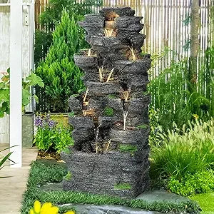 TOBYUL Garden Waterfall Fountain Resin LED Outdoor Decor