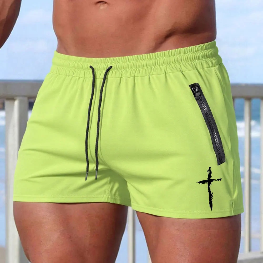 CN Men Cross Print Beach Shorts Quick Dry Zipper Pockets