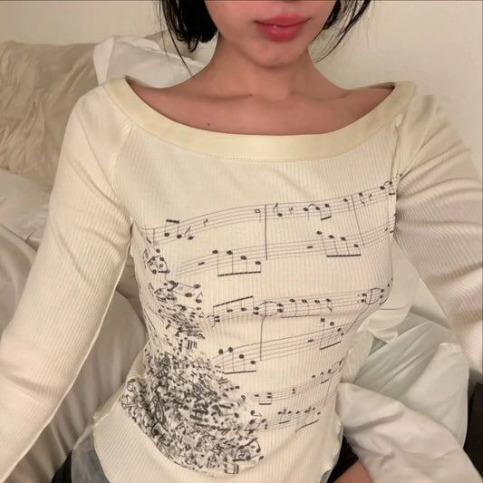 Hirigin Women Off Shoulder Top Slim Fit Long Sleeve Print