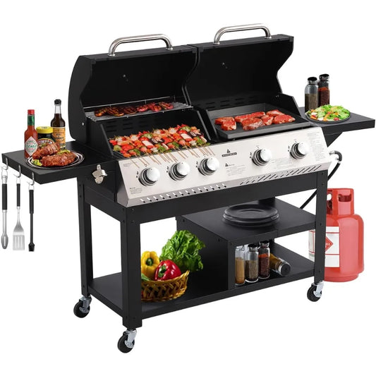 5 Burner Propane Gas Grill Griddle Combo Dual Zone BBQ
