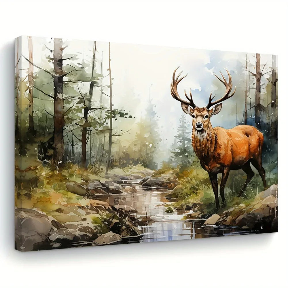 Hign Concerned Deer Canvas Art Forest Scene Framed Decor