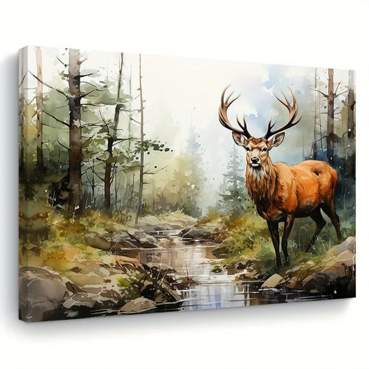 Hign Concerned Deer Canvas Art Forest Scene Framed Decor
