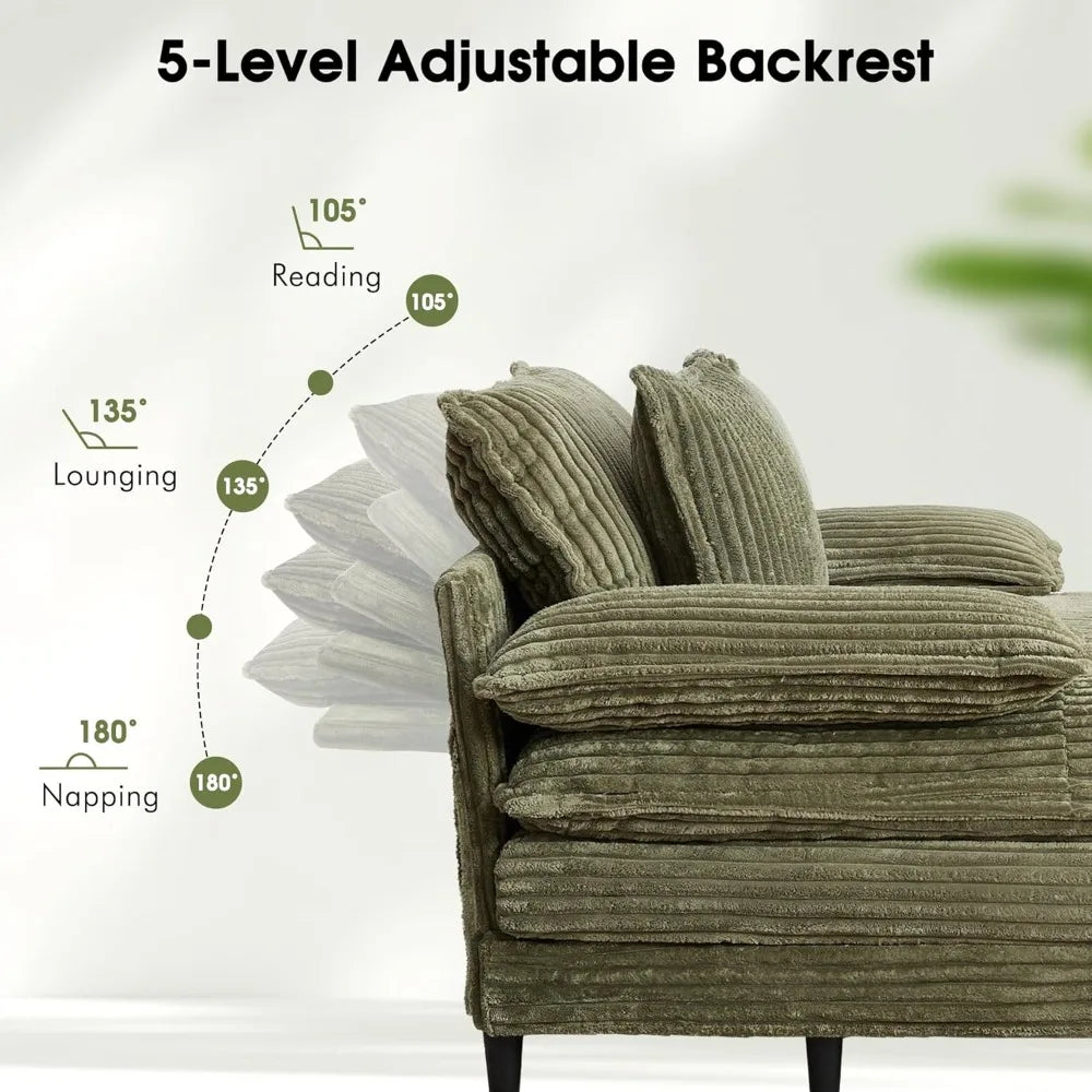 Corduroy Sleeper Sofa Chaise Lounge With 5-Position Backrest