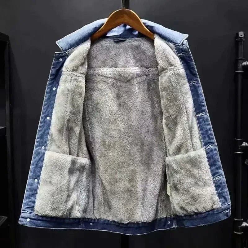 Henan Thickened Fleece Lined Denim Jacket Mens Loose Fit