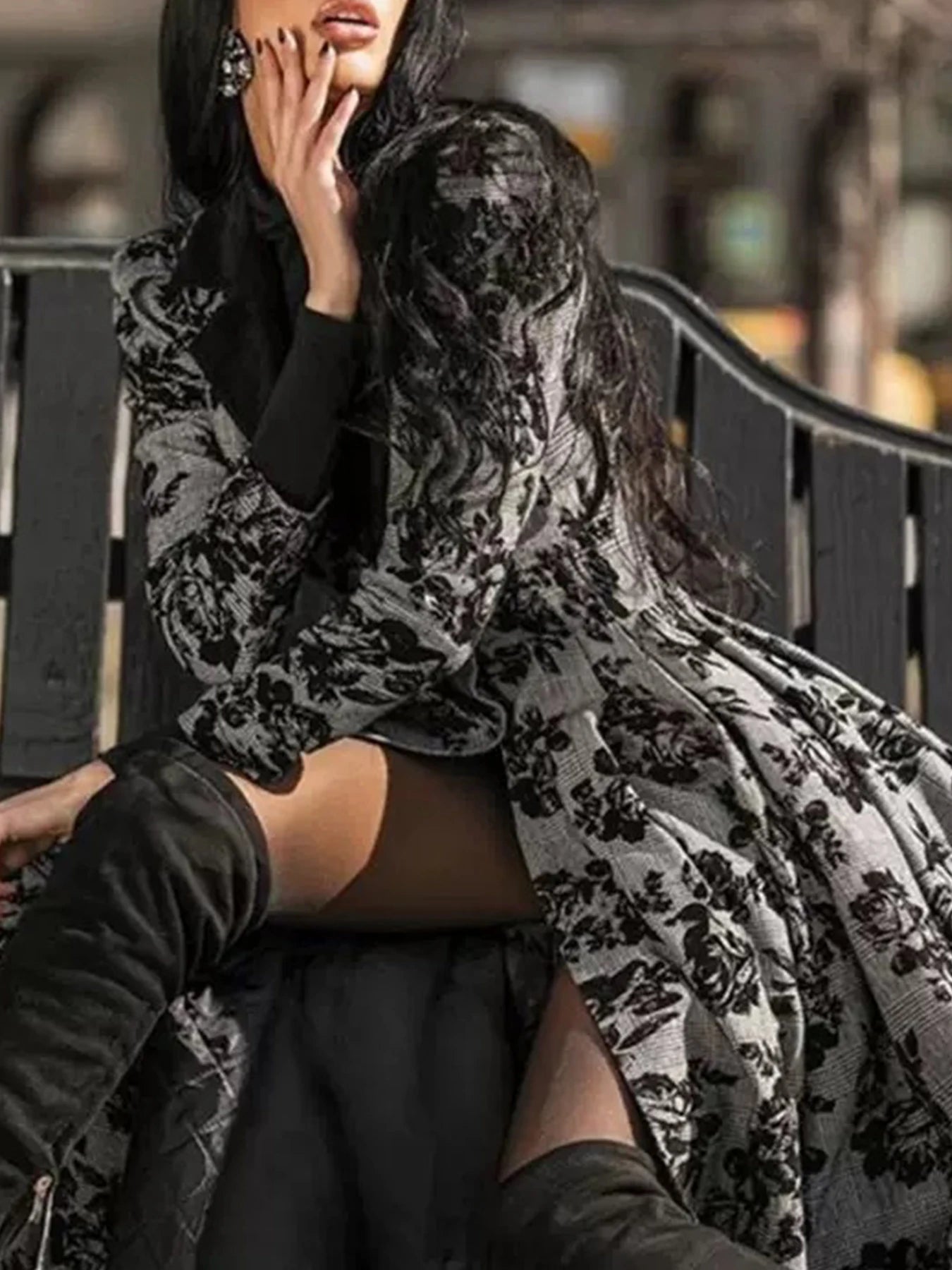 Women's Retro Floral Lace Patchwork Long Jacket With V Neck