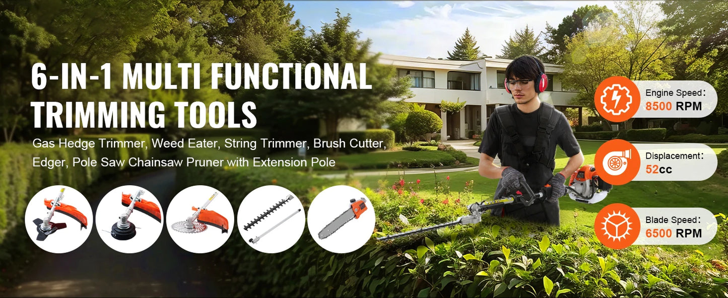 SucceBuy 52cc Six In One Gas Hedge Trimmer Weed Eater Edger