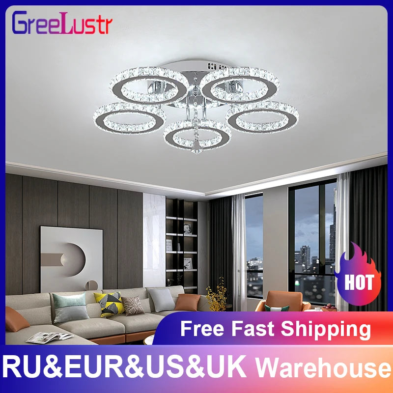 GreeLustr K9 Crystal Chandelier Three Ring Stainless Steel