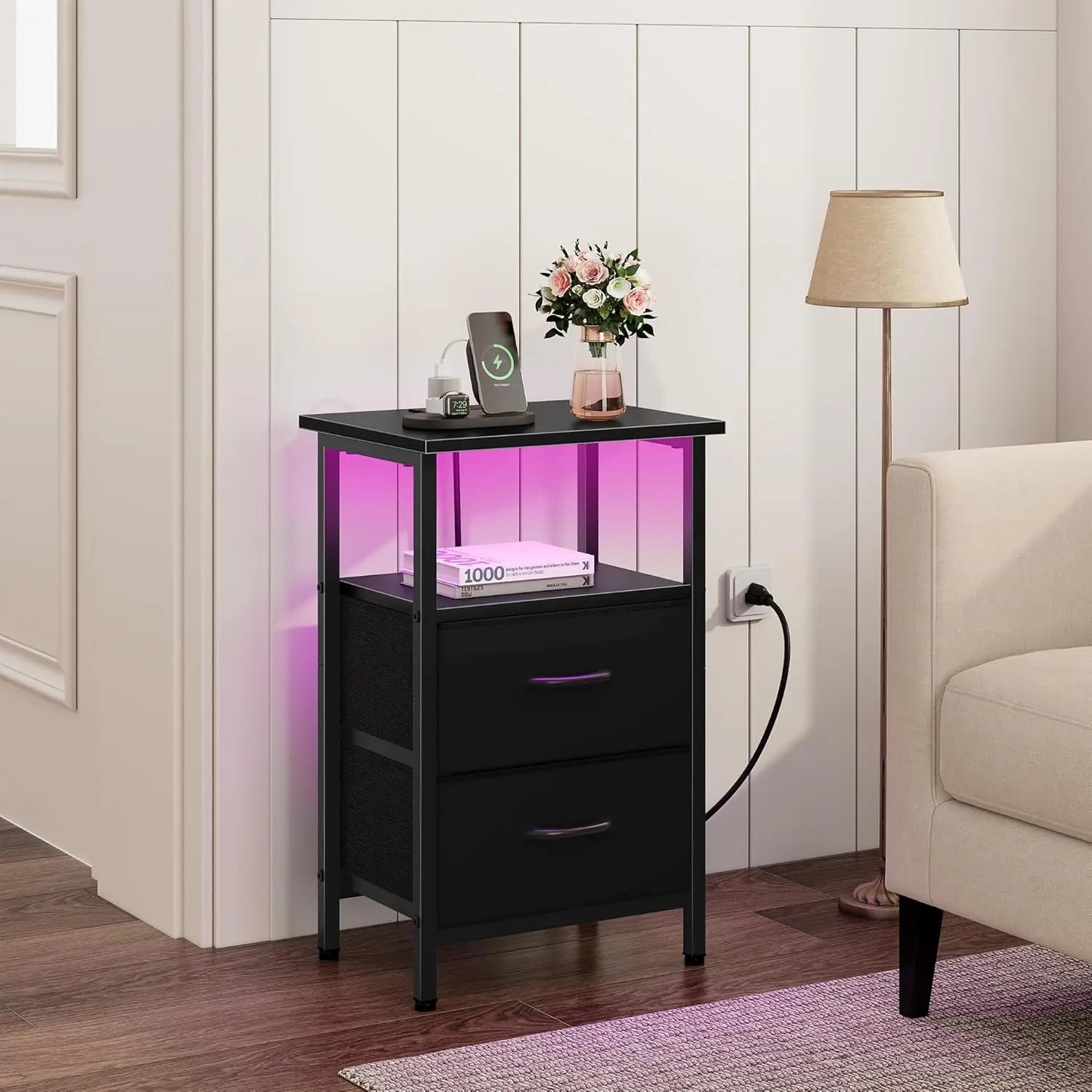 2-Piece Nightstand Set With LED Lights And Charging Station