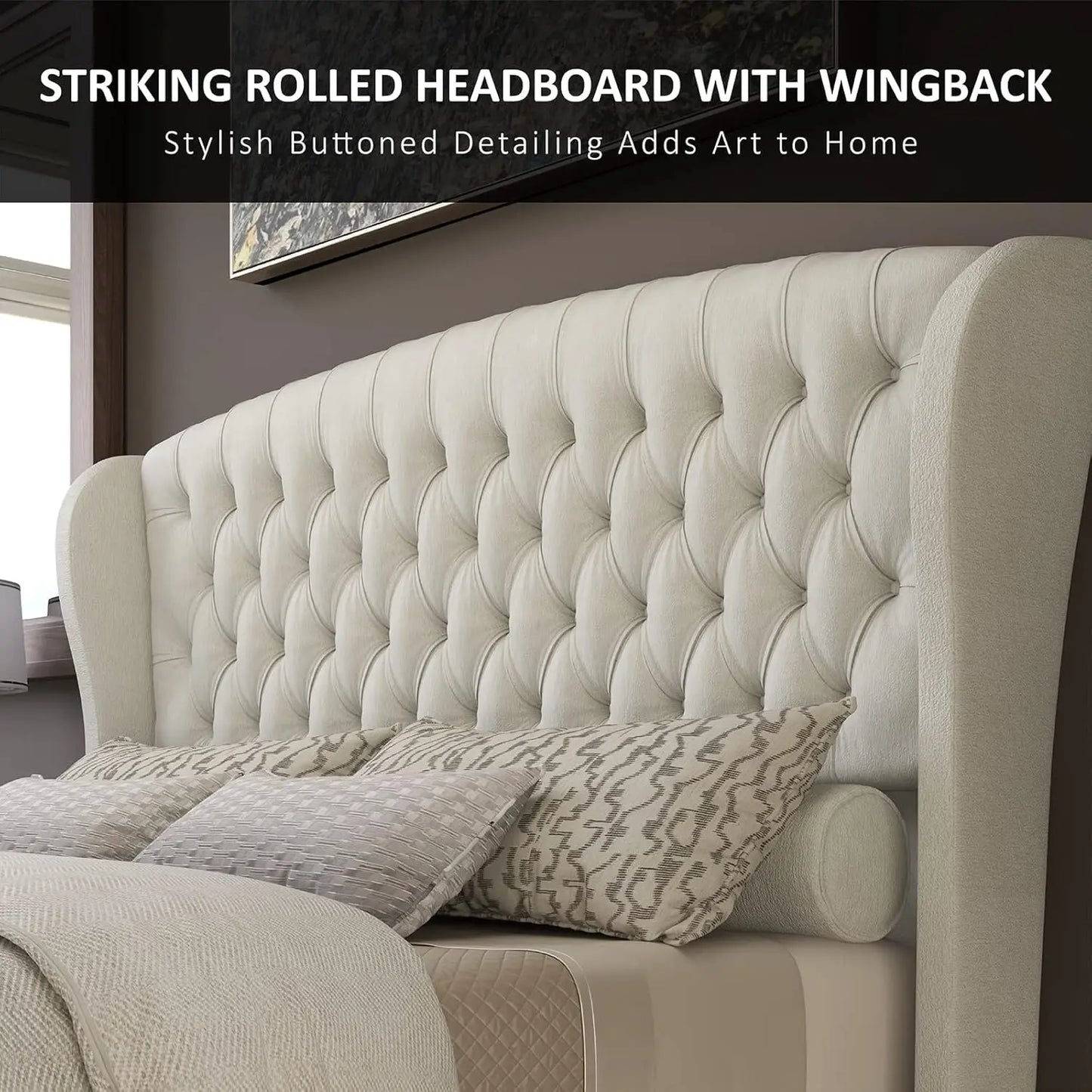 Platform Bed Frame Chenille Upholstered Sleigh With Button Tufted Headboard