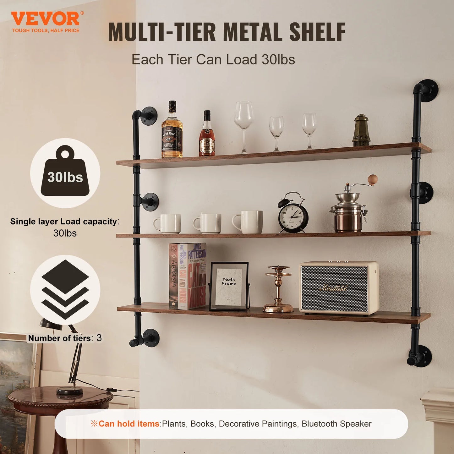 SucceBuy Industrial Pipe Shelving Wall Mount Wood Shelves