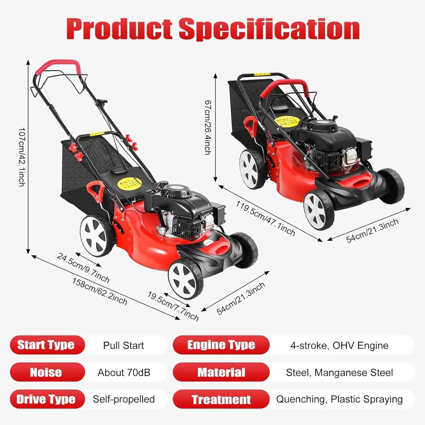 Bymaocar Gas Lawn Mower 140cc 4 Stroke 3in1 Rear Bag