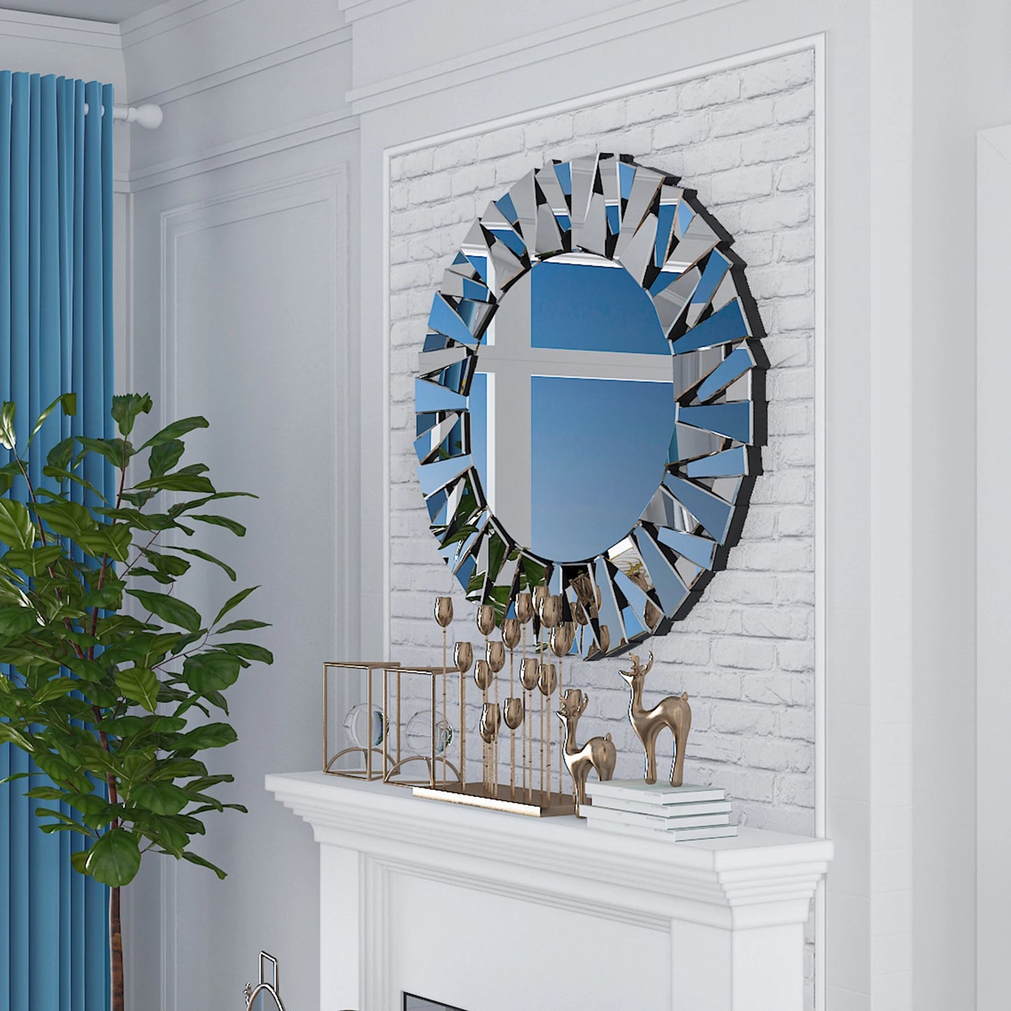 Wisfor Sunburst Round Mirror Wall Decor Modern Silver Glass