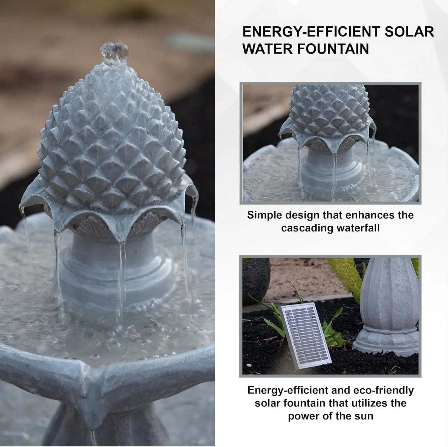 Fiberglass Resin Solar Water Feature With Auto Off Pump Birdbath