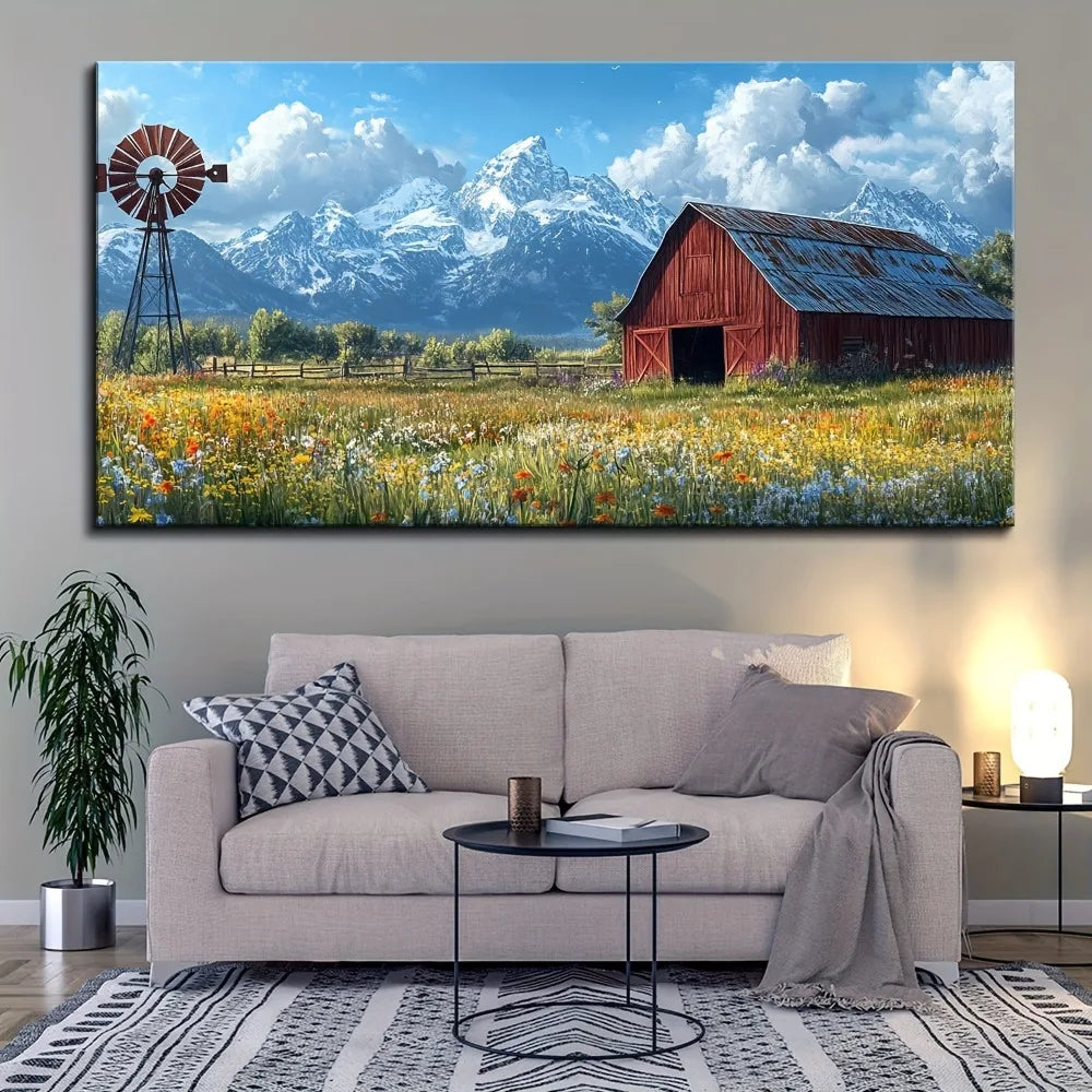 Hign Concerned Pine Wood Frame Rural Landscape Murals