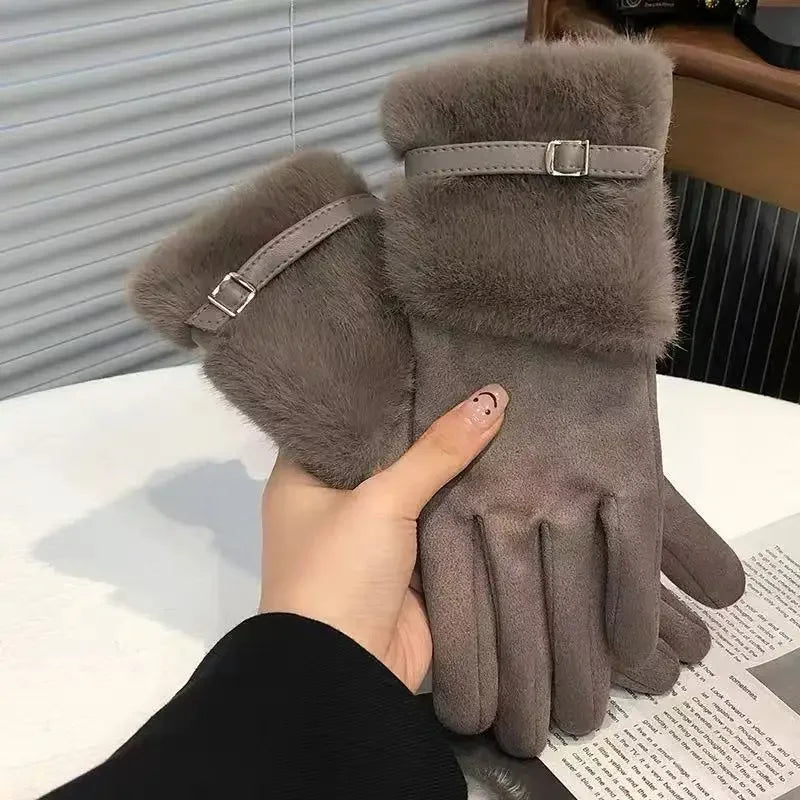 NONECN Winter Plush Warm Touch Screen Gloves For Women Windproof