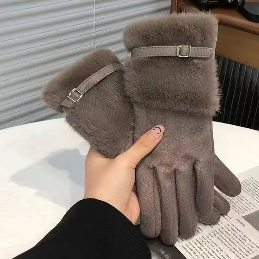 NONECN Winter Plush Warm Touch Screen Gloves For Women Windproof