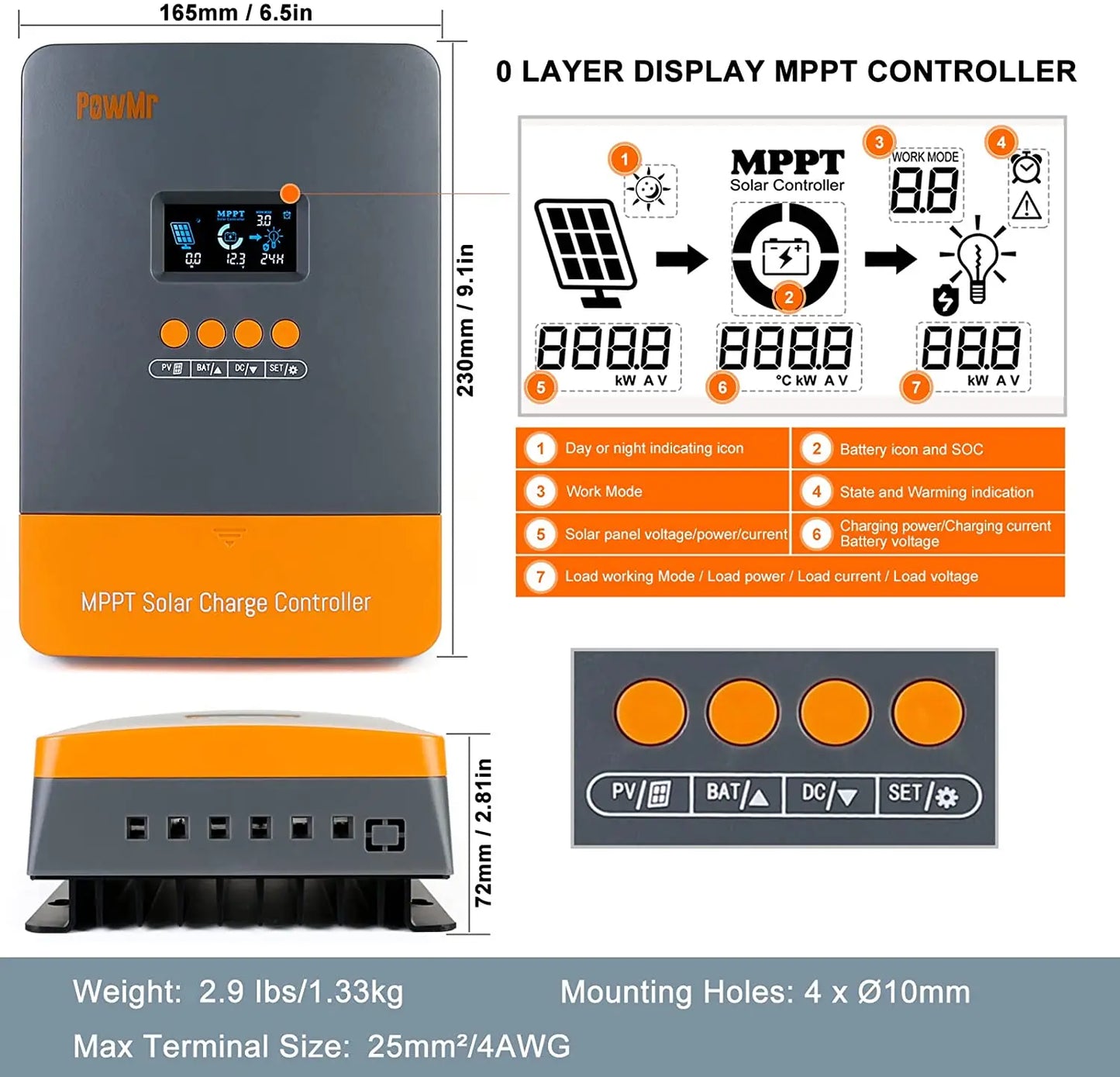 PowMr MPPT 60A Solar Charge Controller 12V 24V 36V 48V LiFePO4 Auto