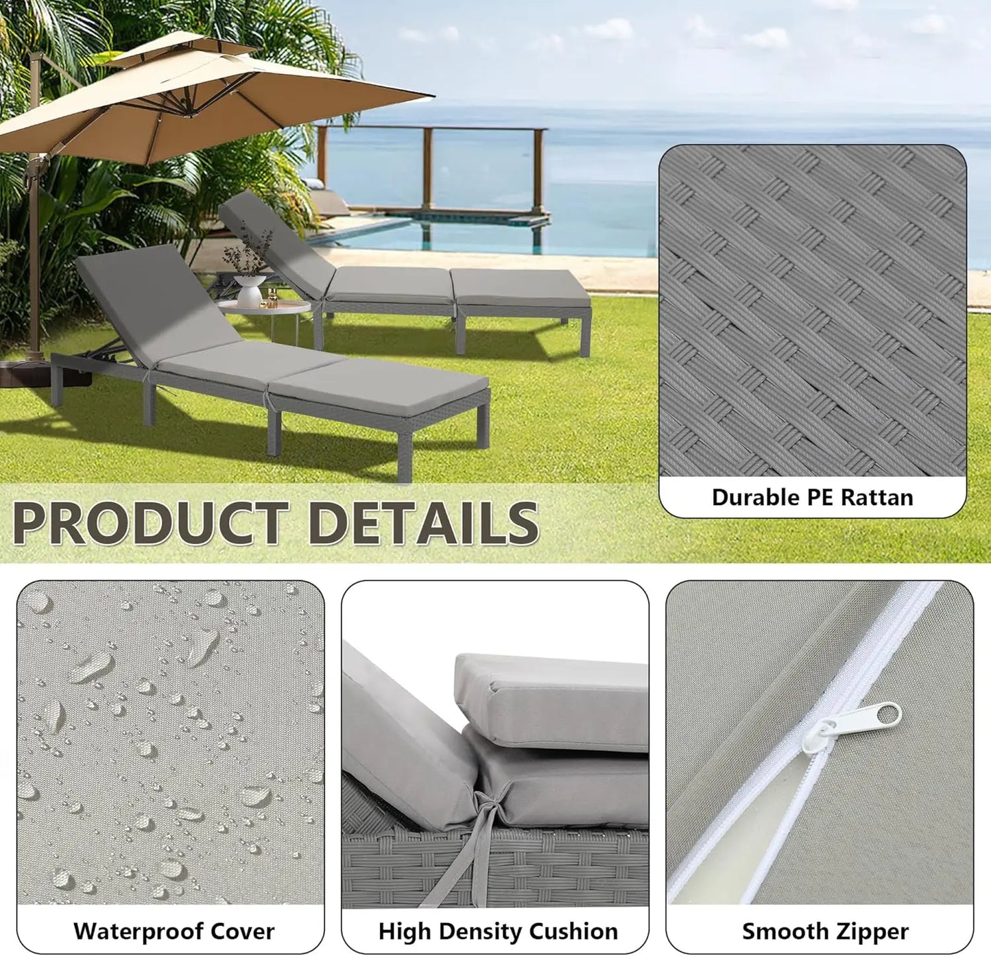 XMSJ Outdoor Chaise Lounge Chair With 5 Adjustable Backrest