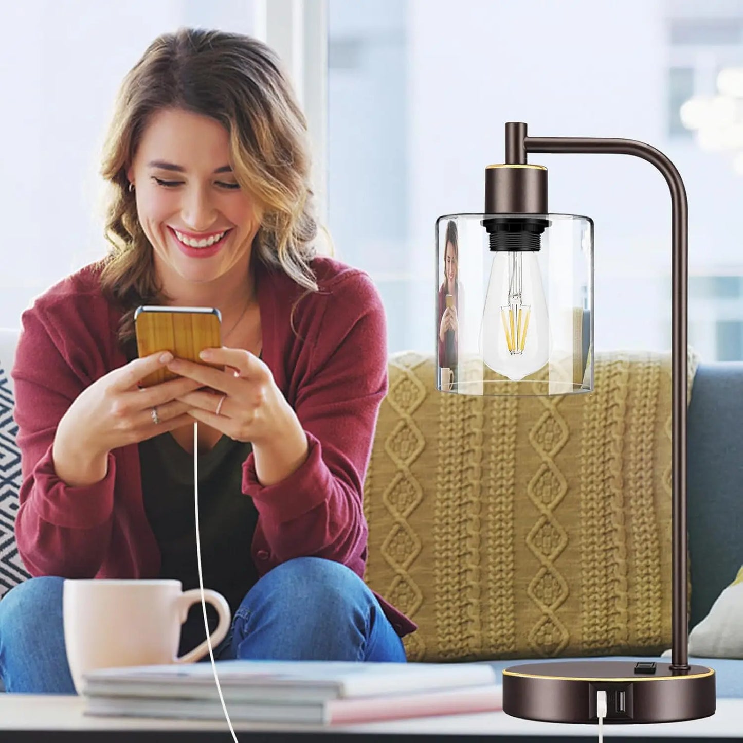 Industrial Touch Table Lamps Set Of 2 USB Ports AC Outlet