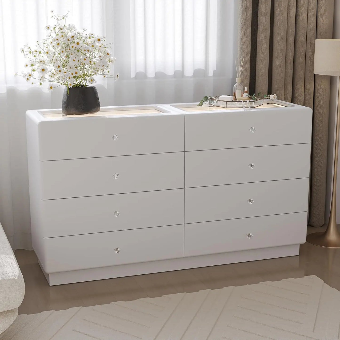 XMSJ Glass Top 8 Drawer Dresser for Bedroom Living Room