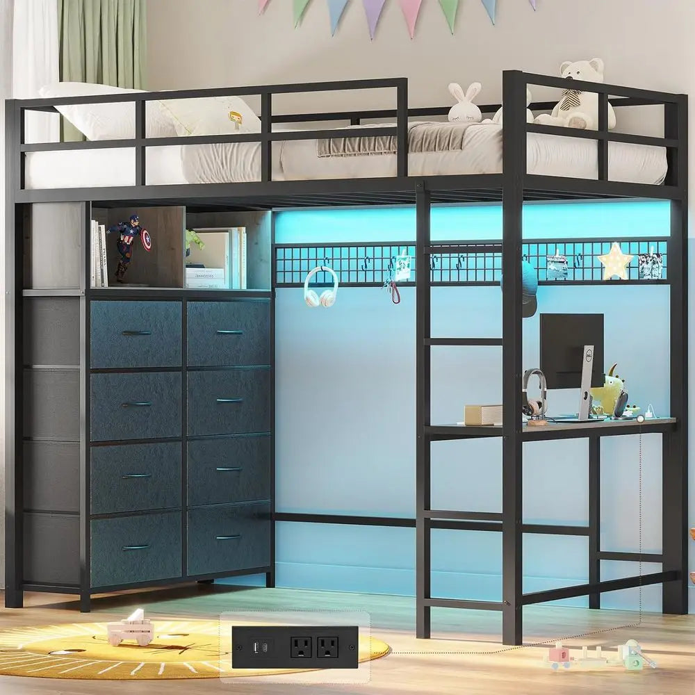 Twin Metal Loft Bed With Desk Drawers And Storage Shelves