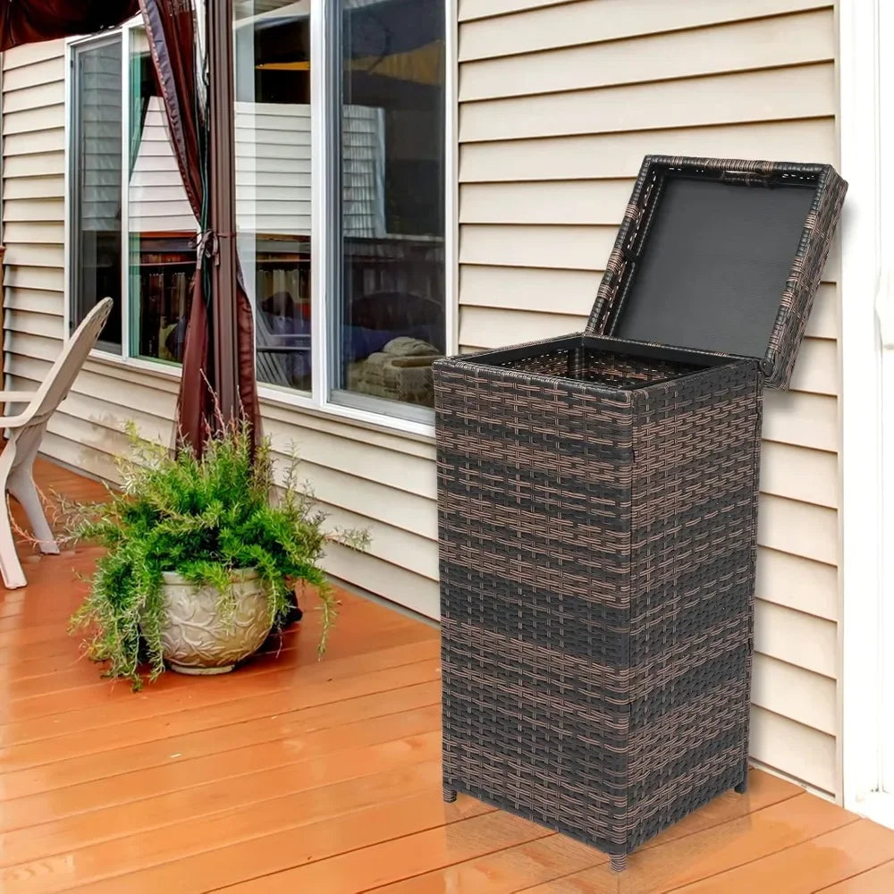 Outdoor Rattan Trash Can With Lid And Metal Frame Durable