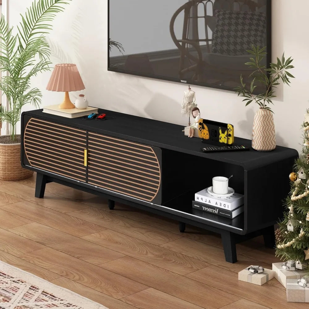 Century Modern TV Stand With Fluted Sliding Doors Entertainment Center