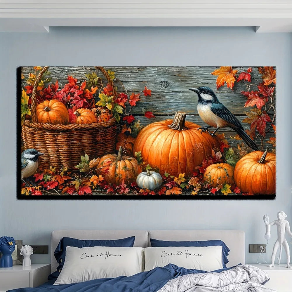 Hign-Concerned Fall Pumpkin Canvas Painting Wall Art Bird