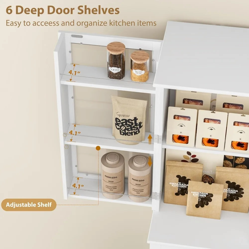 Kitchen Pantry Storage Cabinet With Frosted Glass Doors And Drawers