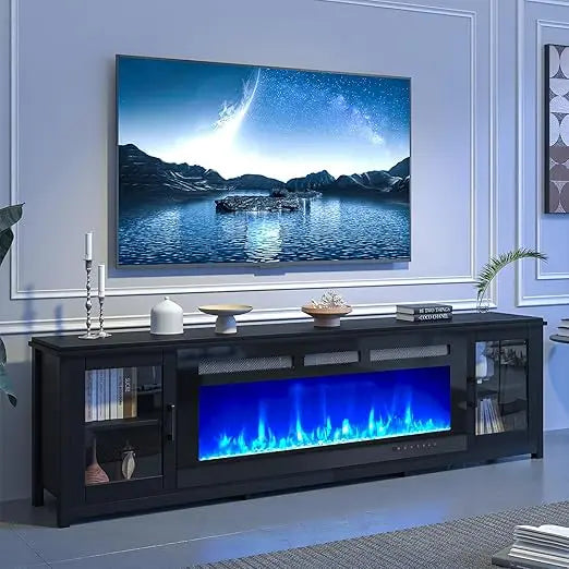 Electric Fireplace TV Stand With Adjustable Shelf And Glass Doors