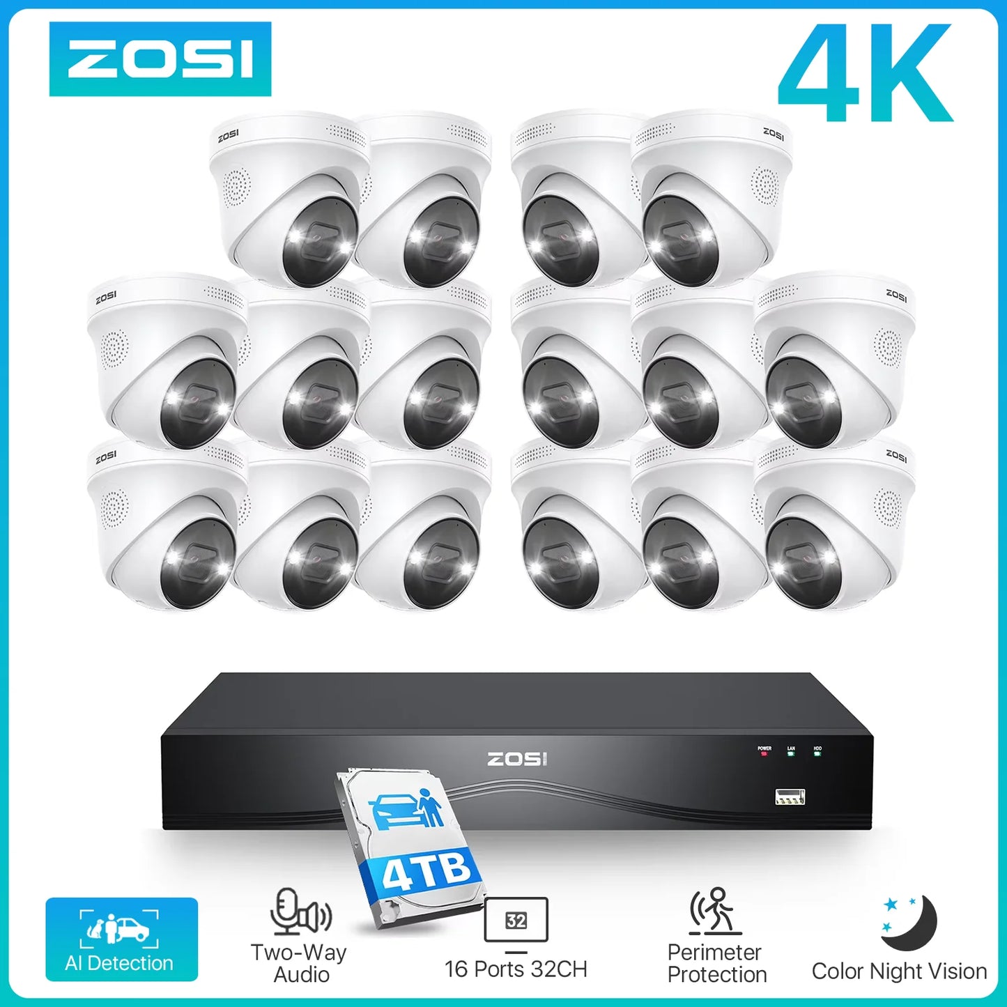 ZOSI 4K 8MP PoE Security Camera System With 4TB NVR