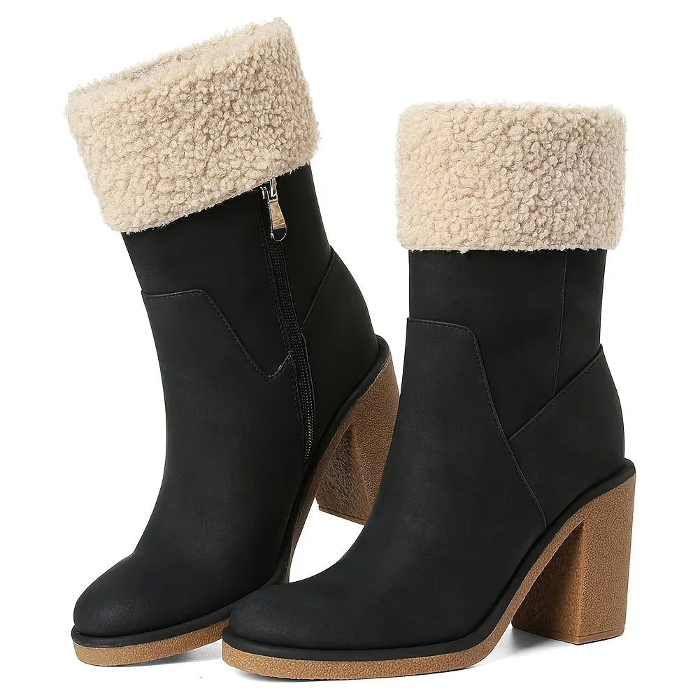 Womens Winter Faux Fur Block Heel Snow Boots For Office