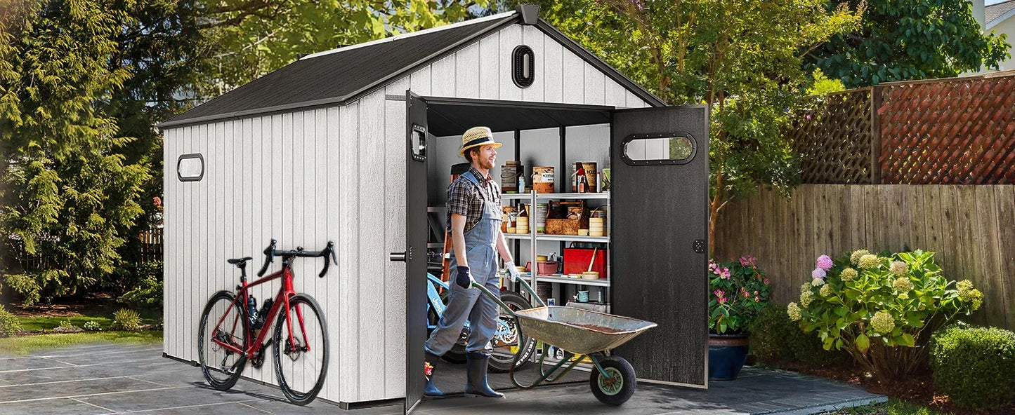 Outdoor Resin Storage Shed With Windows, Vents, Lockable Entrance