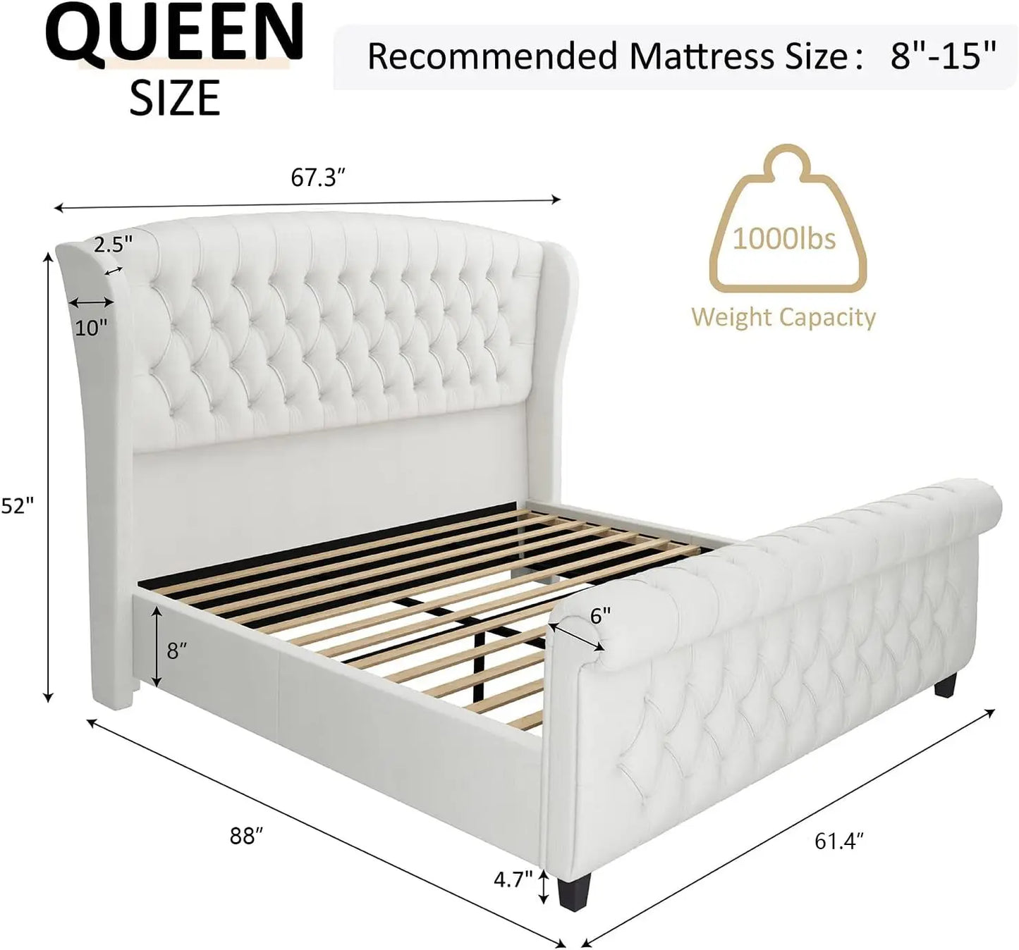 Platform Bed Frame Chenille Upholstered Sleigh With Button Tufted Headboard