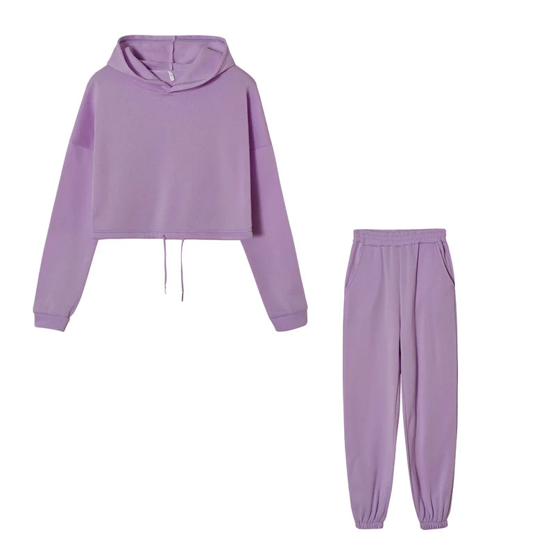 Womens Hooded Knit Tracksuit Set Two Piece Sportswear Casual