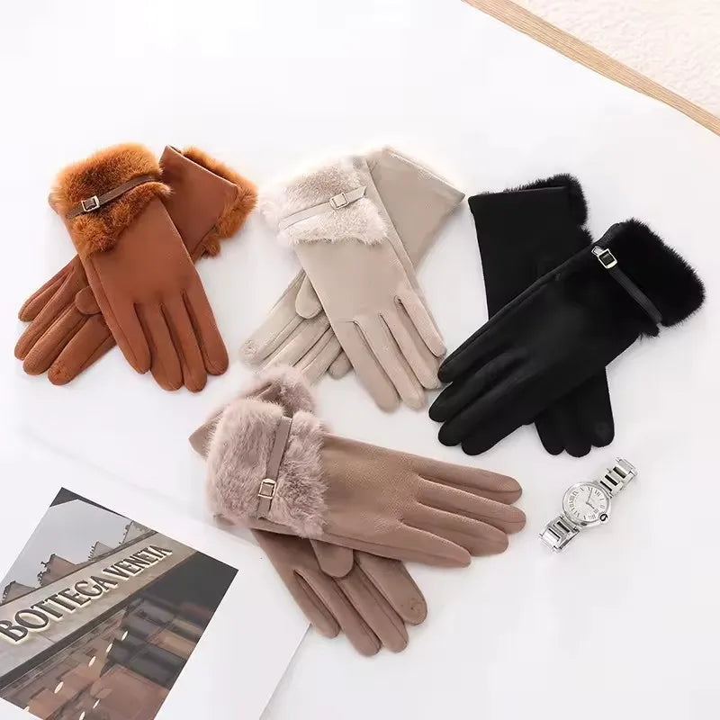 NONECN Winter Plush Warm Touch Screen Gloves For Women Windproof