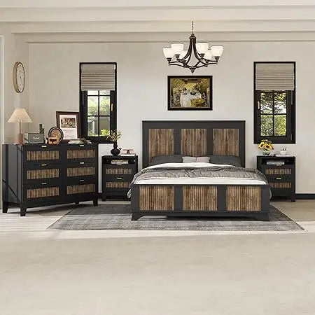 MKDK 4 Piece Bedroom Set Platform Bed Dresser Nightstands