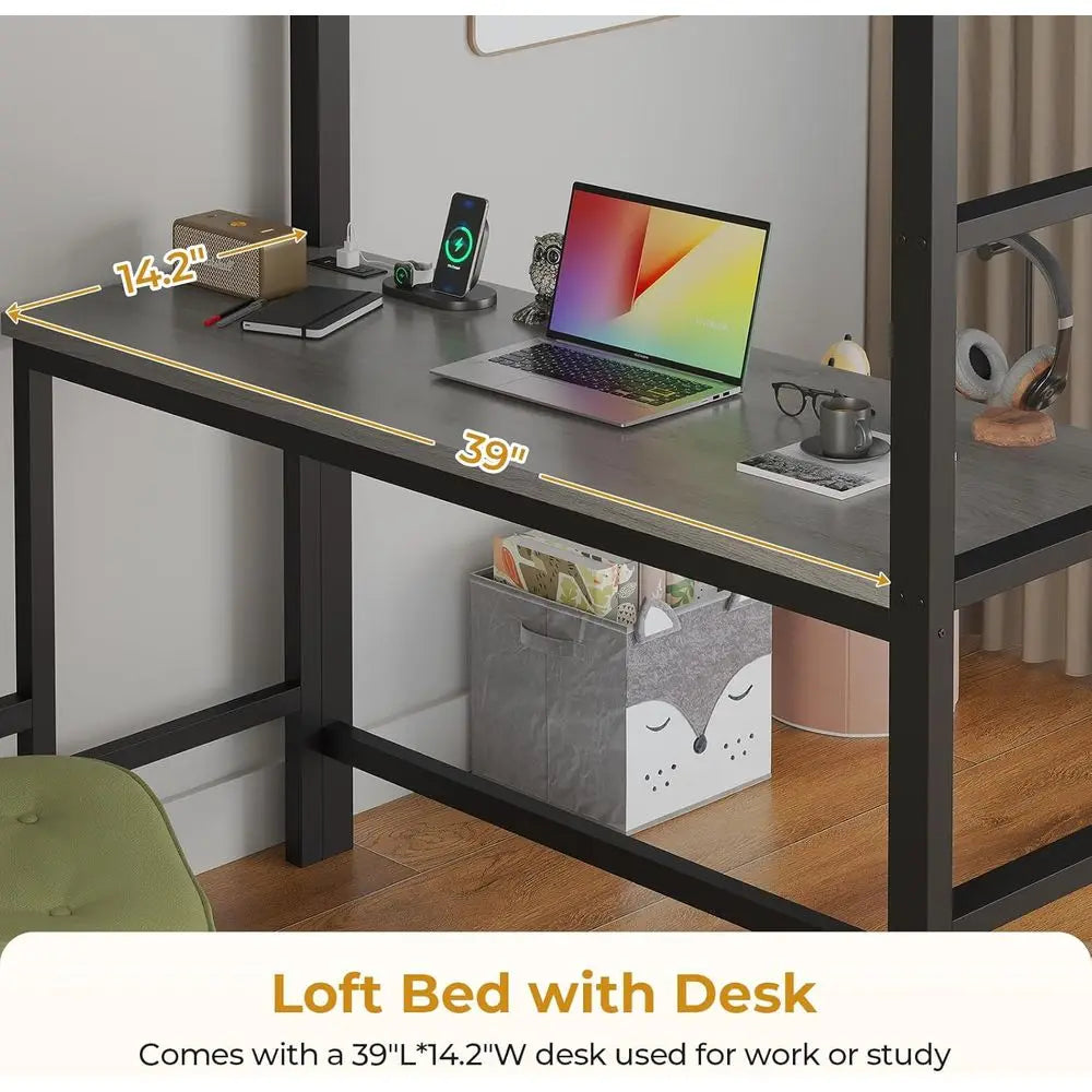 Twin Metal Loft Bed With Desk Drawers And Storage Shelves
