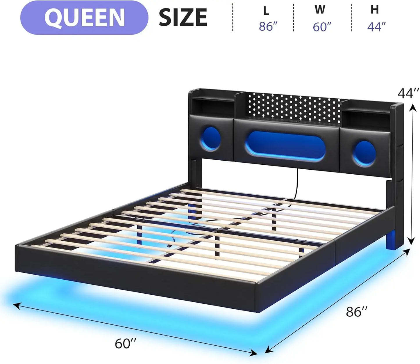 Floating Bed Frame Storage Headboard LED Lights And Charging Station