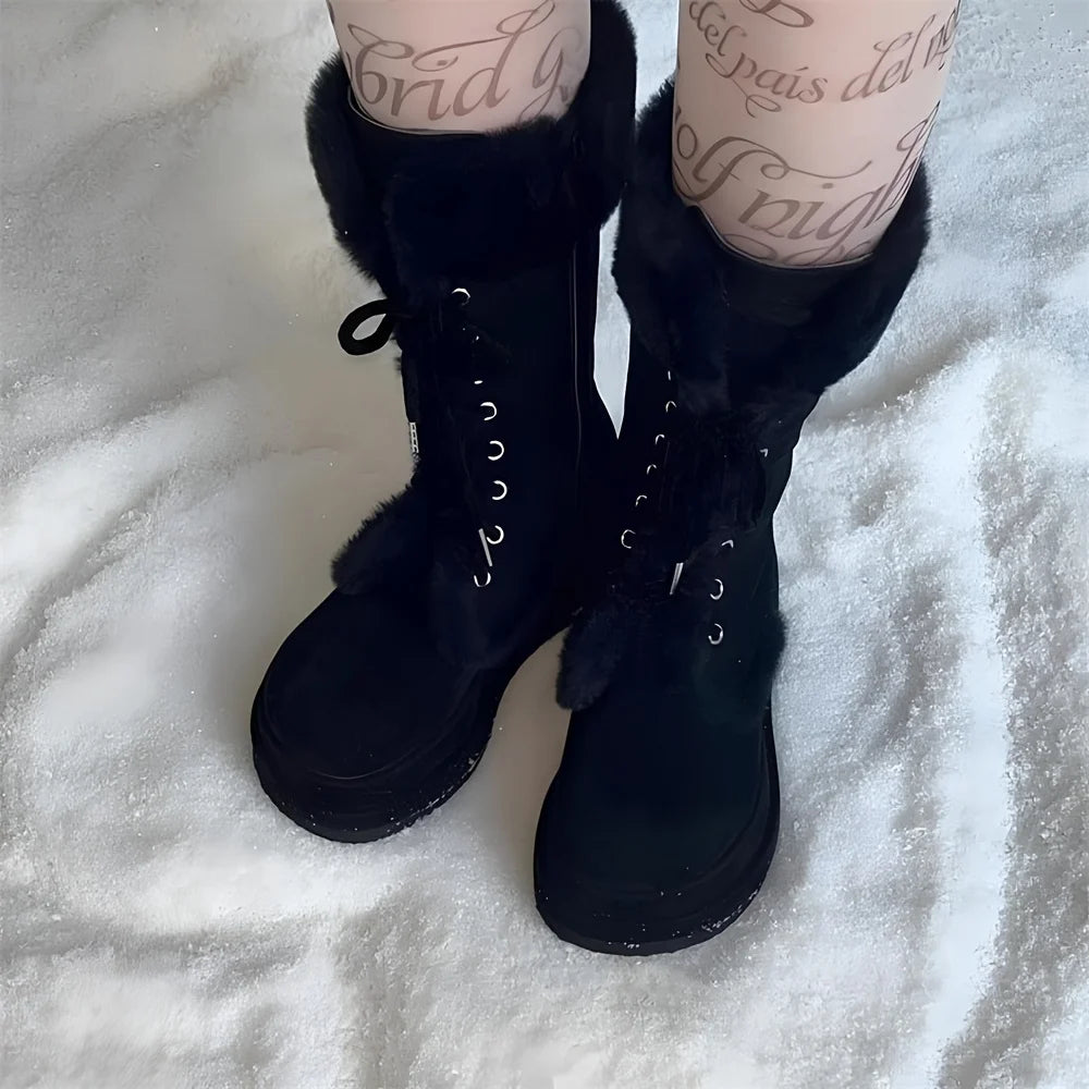 Women Winter Faux Fur Mid Calf Snow Boots Platform Wedges