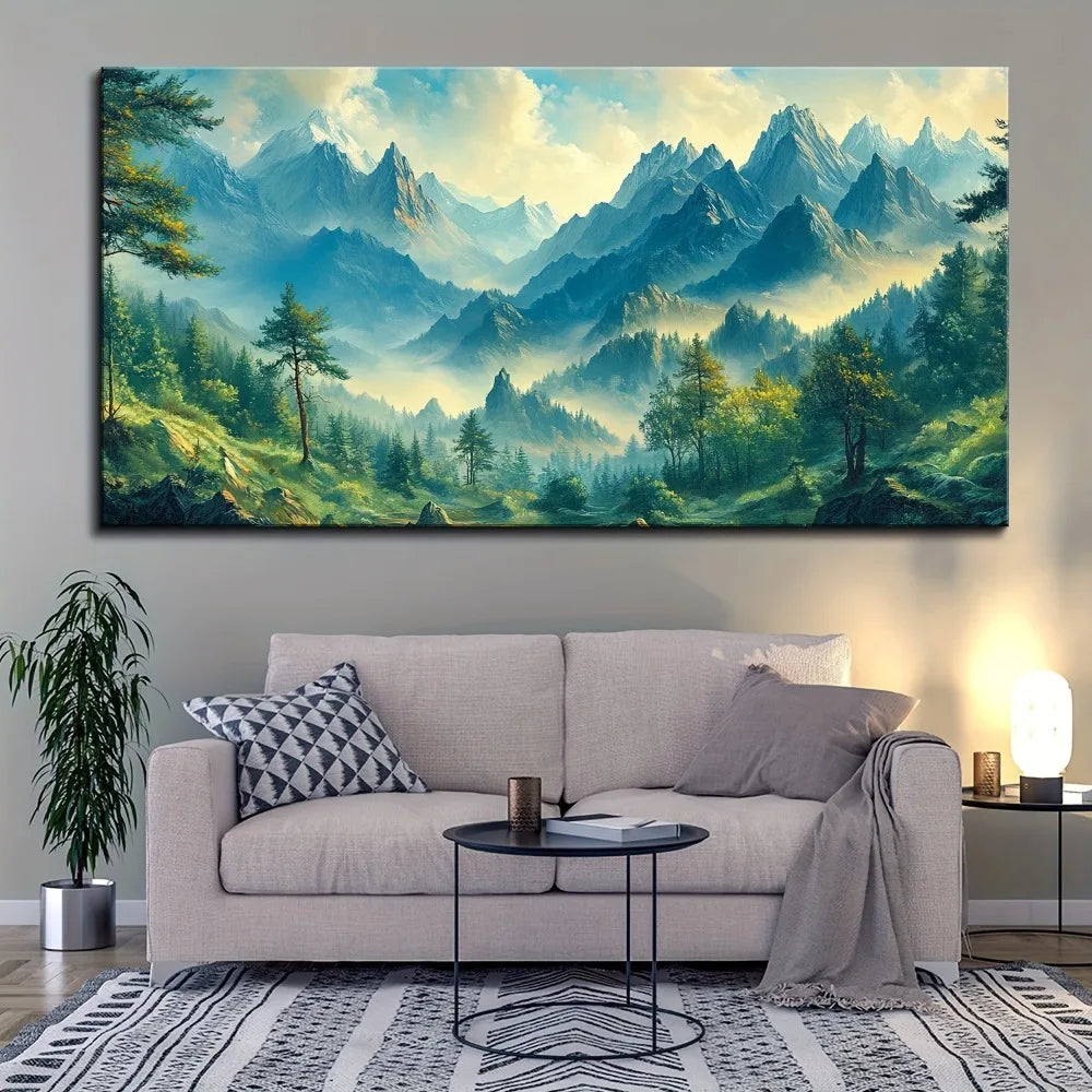 Hign-concerned Pine Frame Canvas Mural Misty Mountains