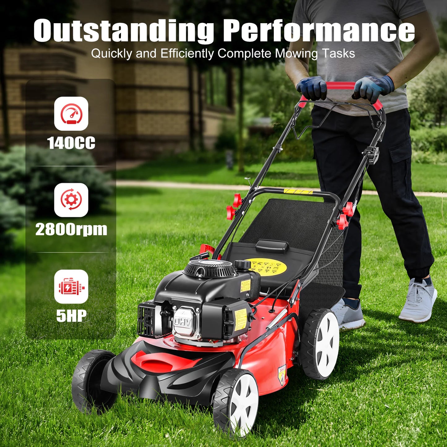Bymaocar Self Propelled Gas Lawn Mower 5HP 140CC 4 Stroke