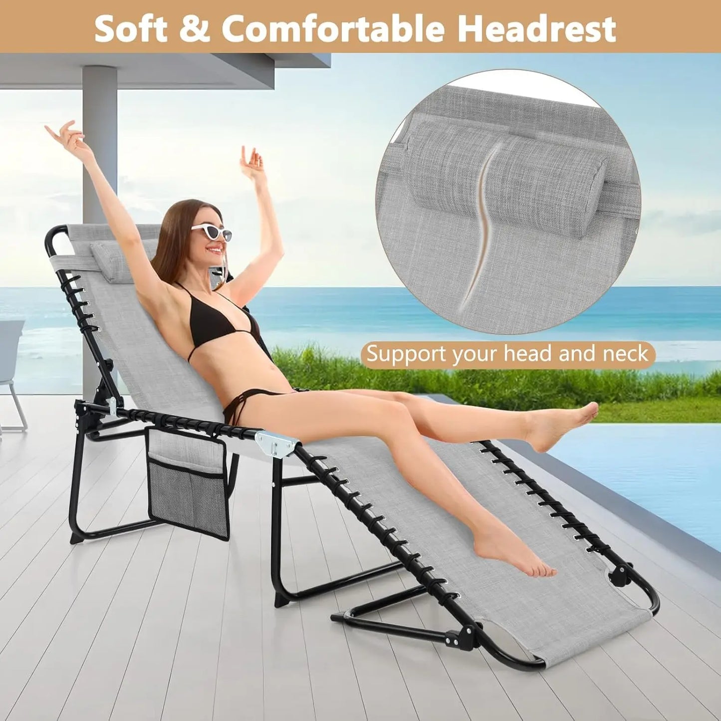 XMSJ Patio Lounge Chair Folding Tanning Chair With Headrest