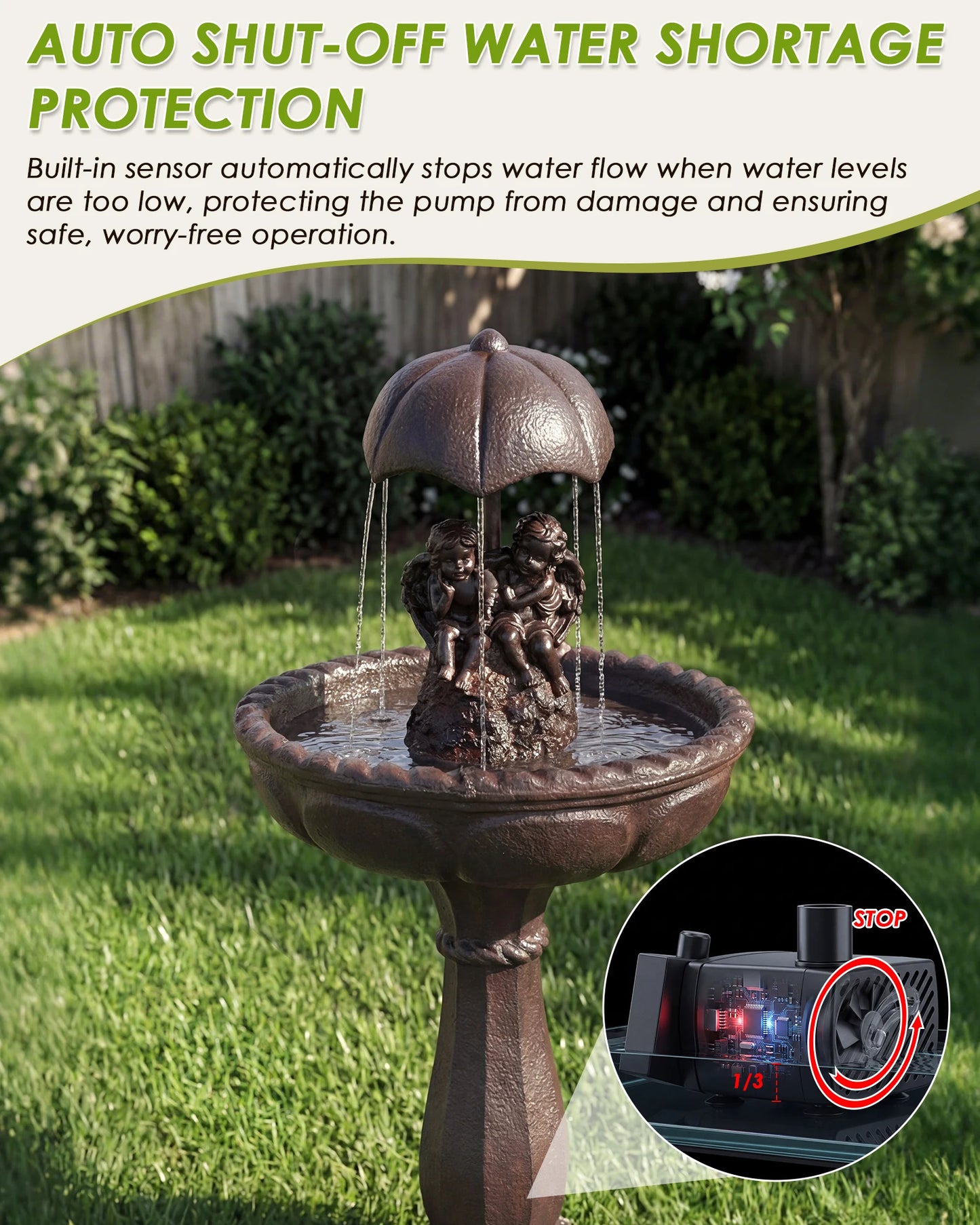 Solar Outdoor Water Fountain With Whisper Quiet Pump Cascading Waterfall