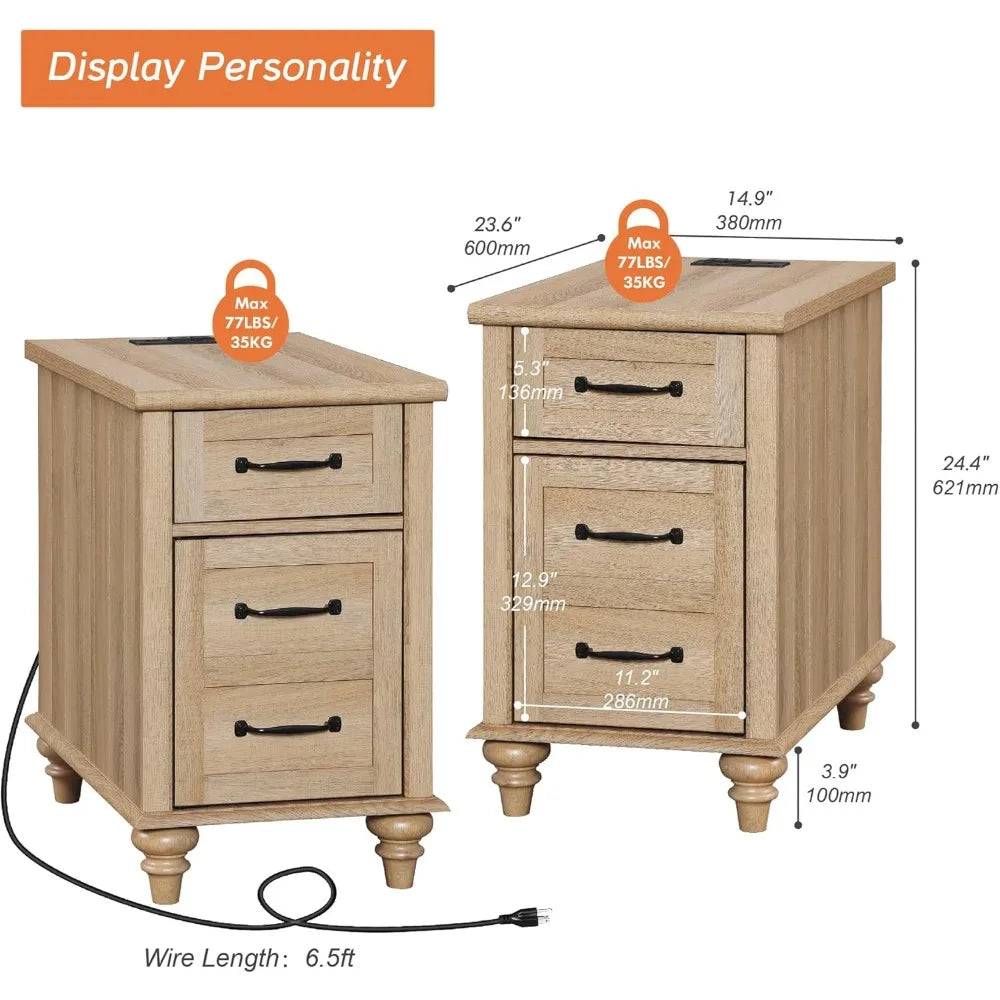Set of 2 Farmhouse End Tables With Charging Station Drawer