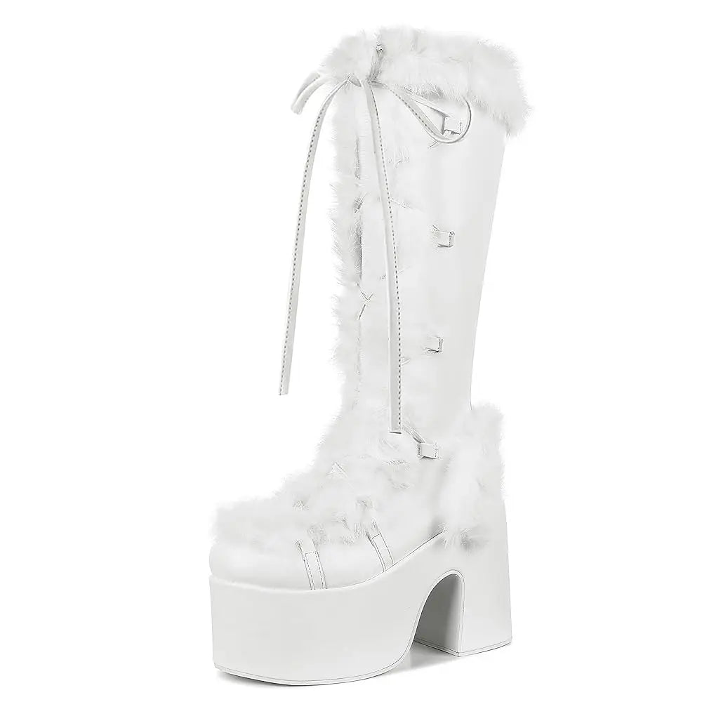 GIGIFOX Fur Platform Mid Calf Boots Women Faux Suede Zipper Lace Up