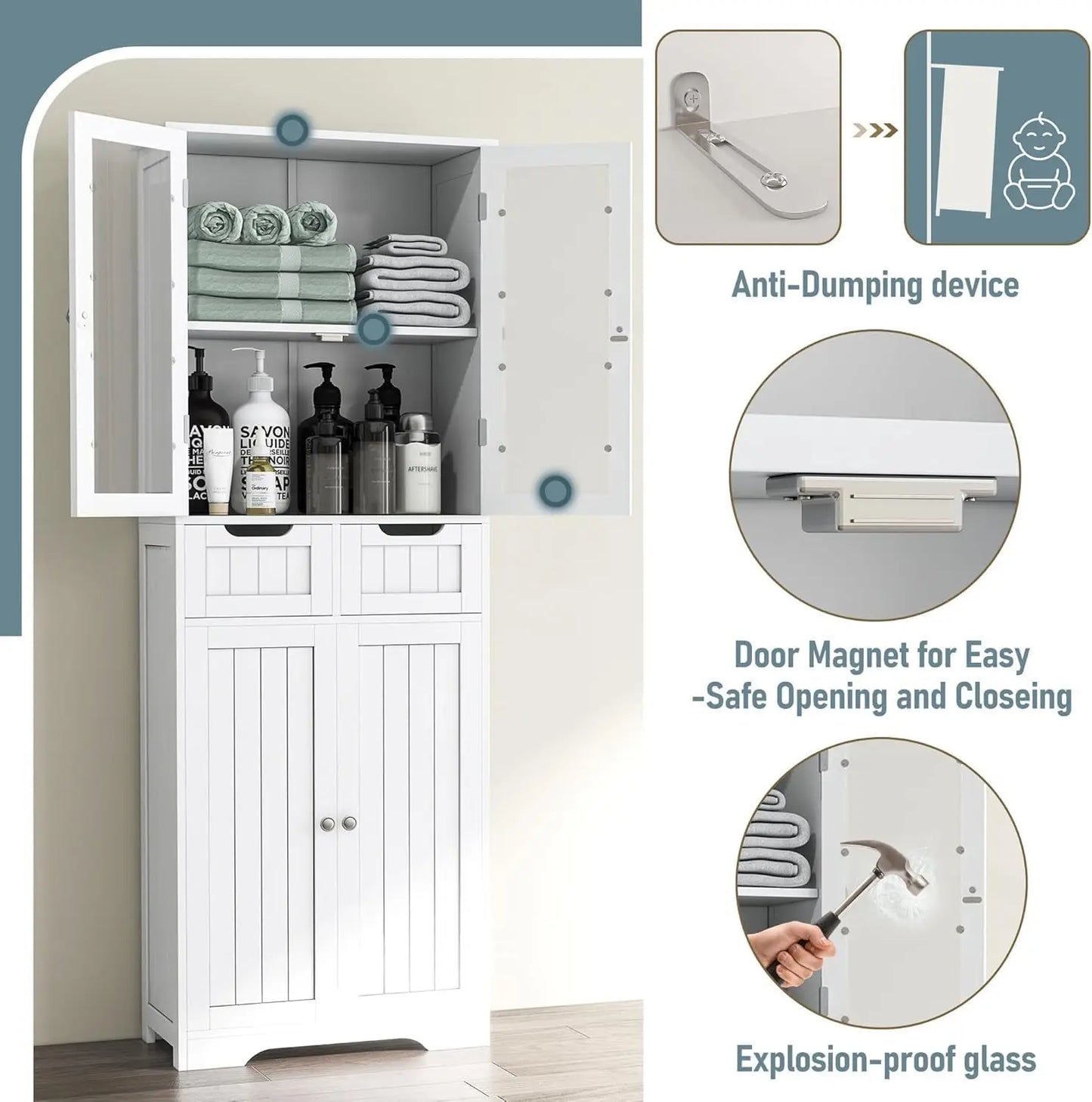 Freestanding Bathroom Storage Cabinet With Glass Doors And Shelves